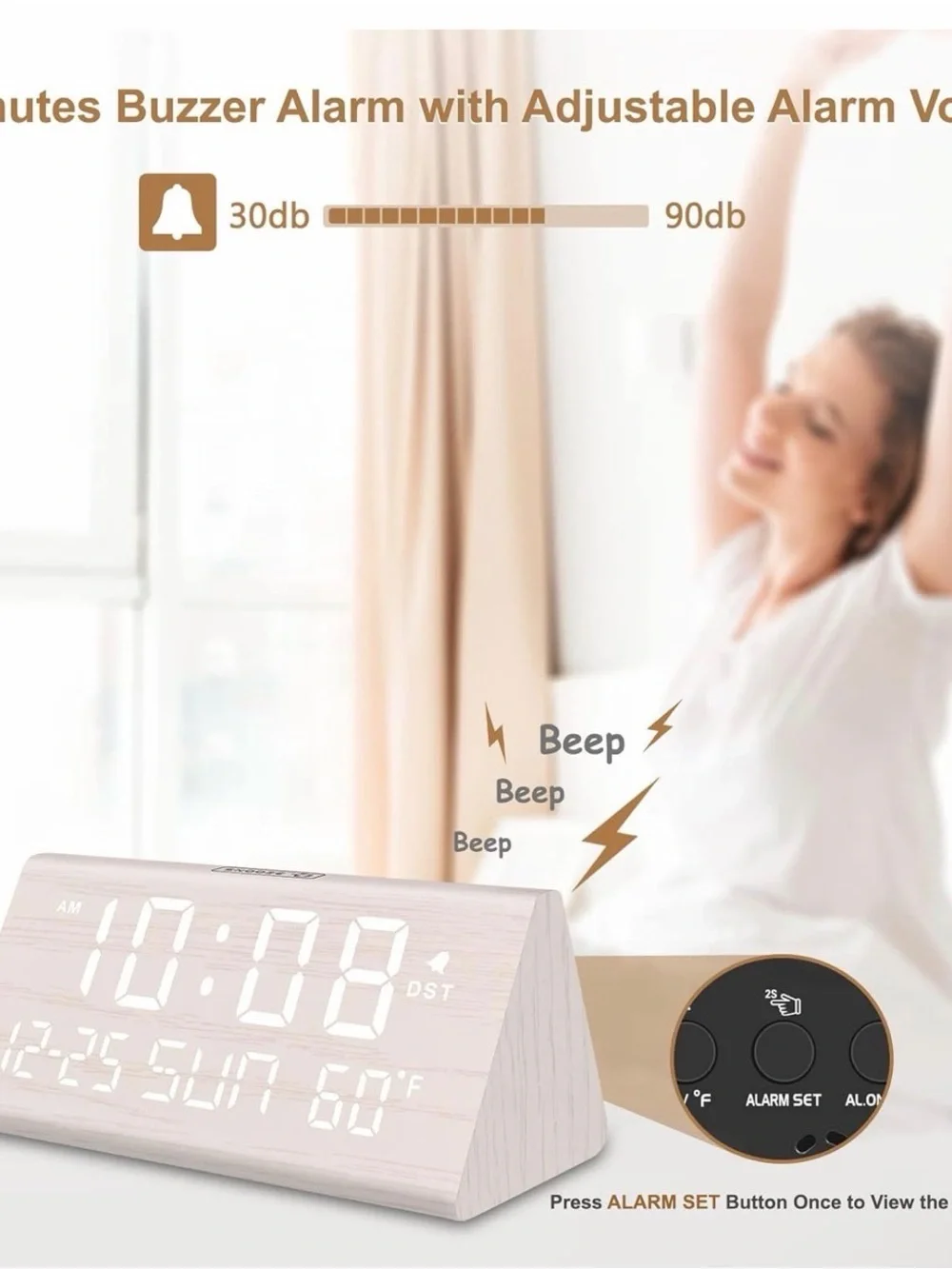 Minimal LED Wood Grain Alarm Clock in White
